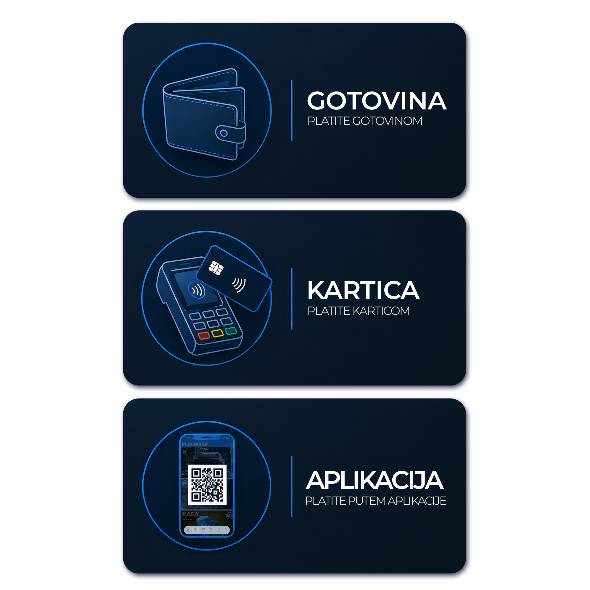 Načini plaćanja u Bluewash-u: gotovina, platna kartica i mobilna aplikacija.